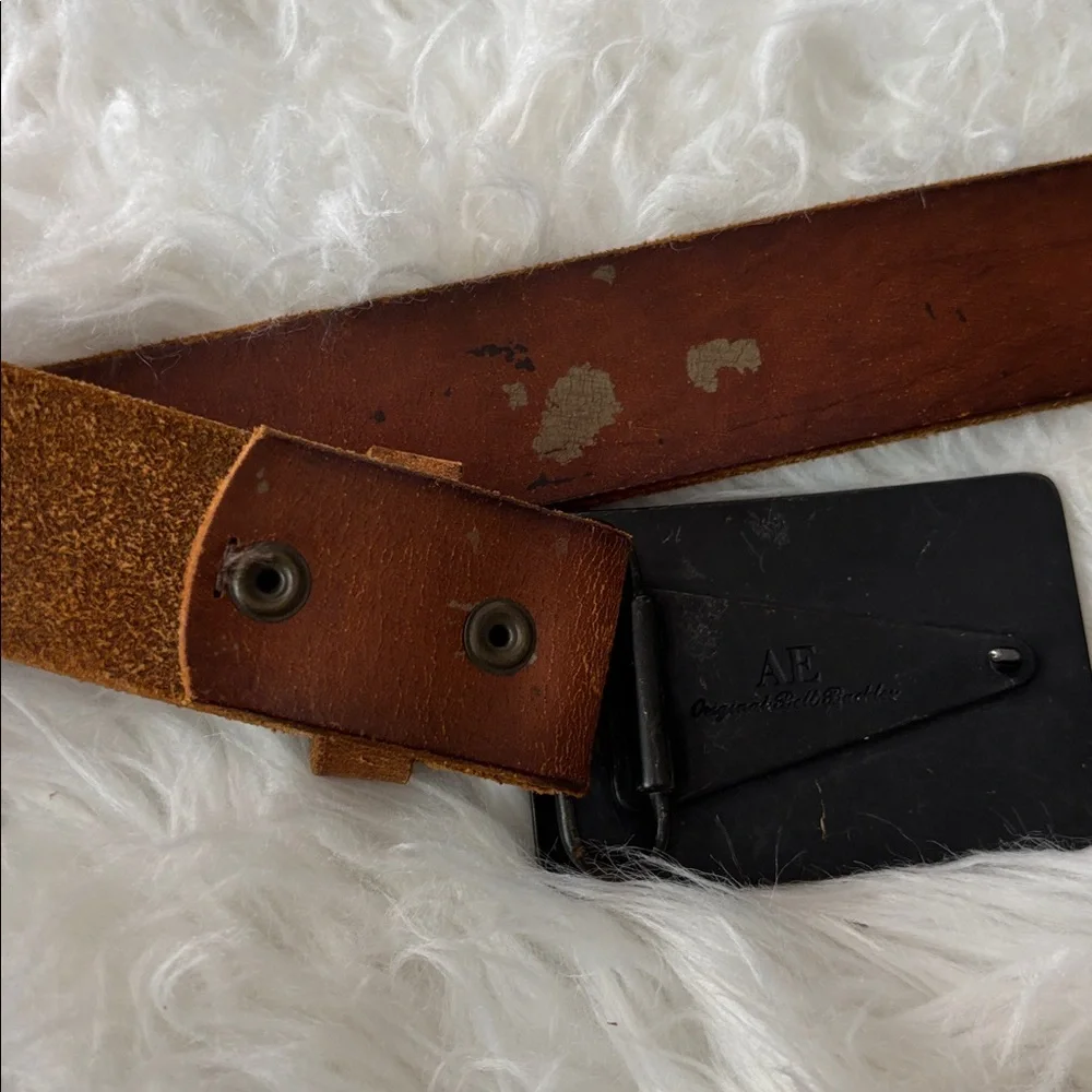 Vintage American Eagle Ride Free Brass Color Buckle & Brown Leather Belt